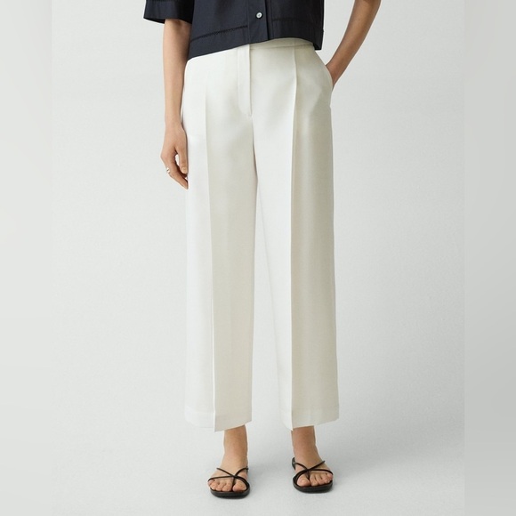 Theory Women Deep Pleat Crepe Cream Trouser Pants - Picture 4 of 12